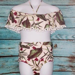 Leafy floral print, ruffle shoulder high waist bik